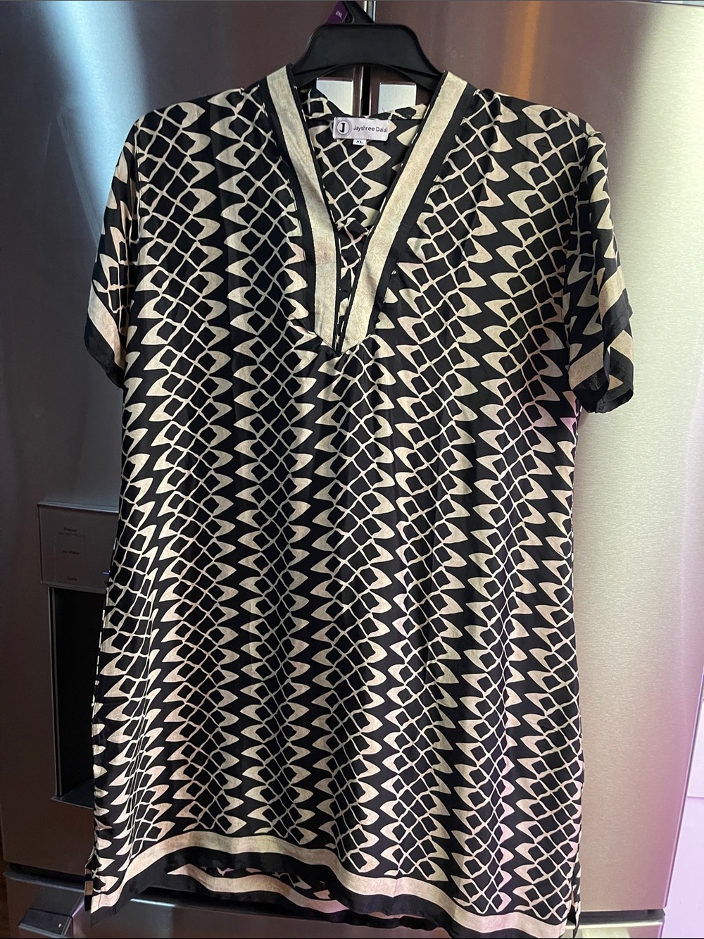 Stylish Black & Cream Geometric V-Neck Dress